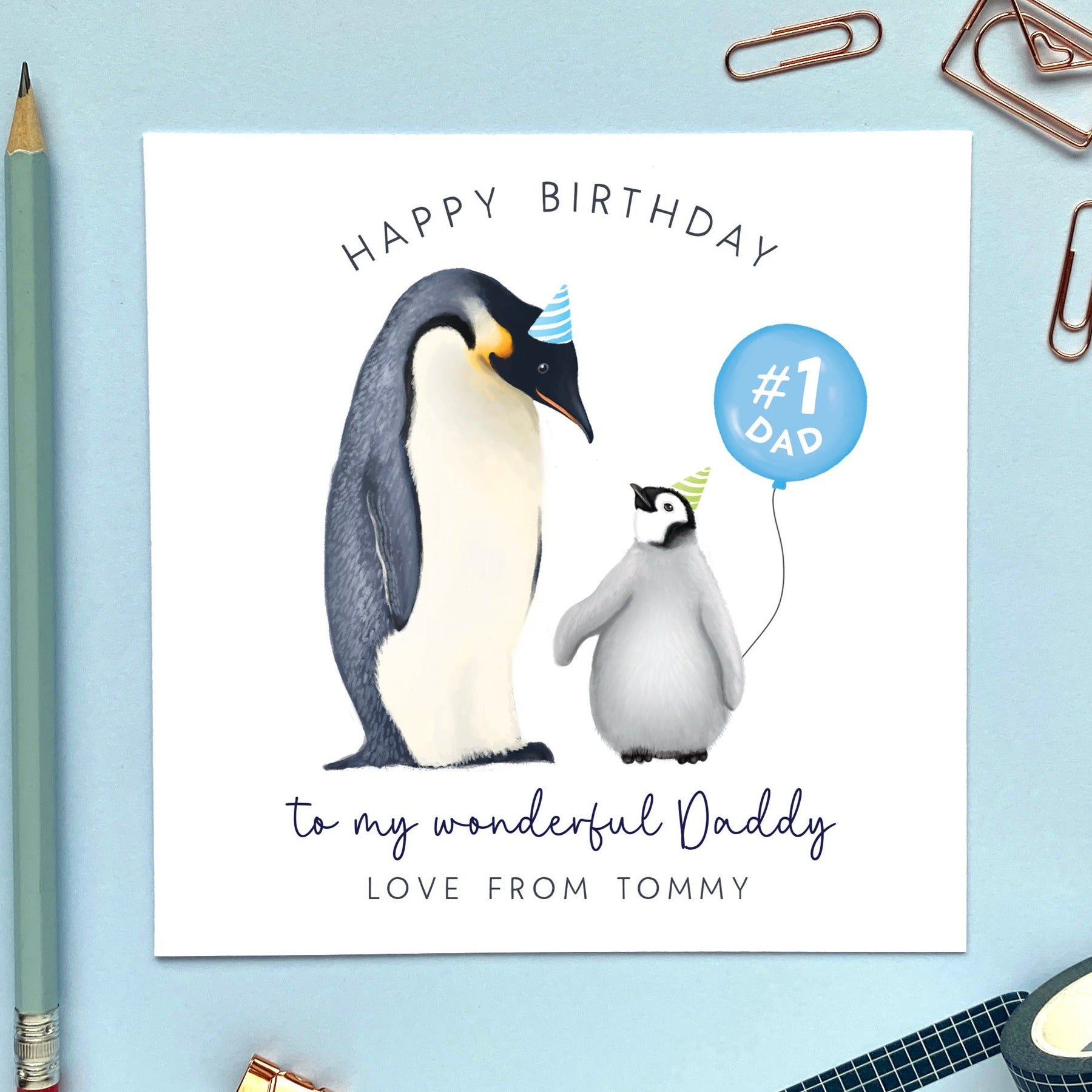 personalised penguins birthday card to a special daddy, dad, dada father 30th 40th 50th 60th, from baby son, daughter