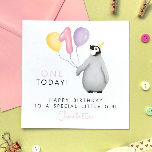 personalised baby penguin birthday card for her daughter granddaughter niece sister girl 1st 2nd 3rd