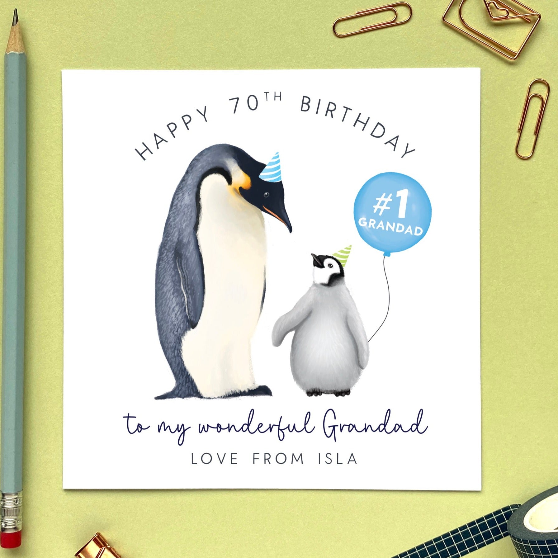 personalised penguin birthday card for grandad - birthday card for grandpa - 50th, 60th, 70th, 80th, 90th, 100th - special, cute, handmade, uk, penguins, from grandson, granddaughter