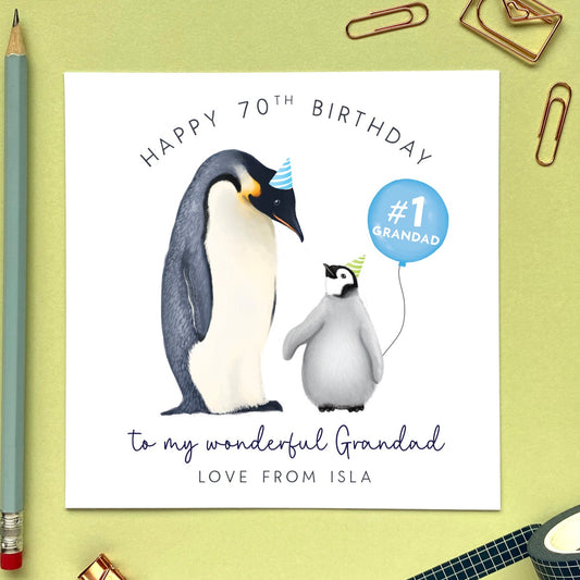 personalised penguin birthday card for grandad - birthday card for grandpa - 50th, 60th, 70th, 80th, 90th, 100th - special, cute, handmade, uk, penguins, from grandson, granddaughter