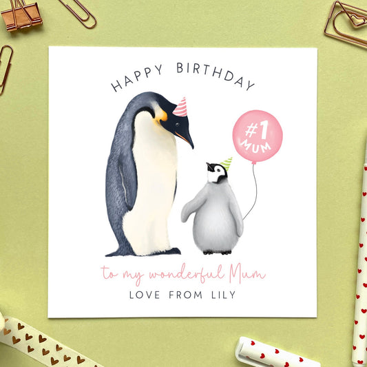 personalised penguin birthday card for mum - from daughter, son - mummy, mommy, mam