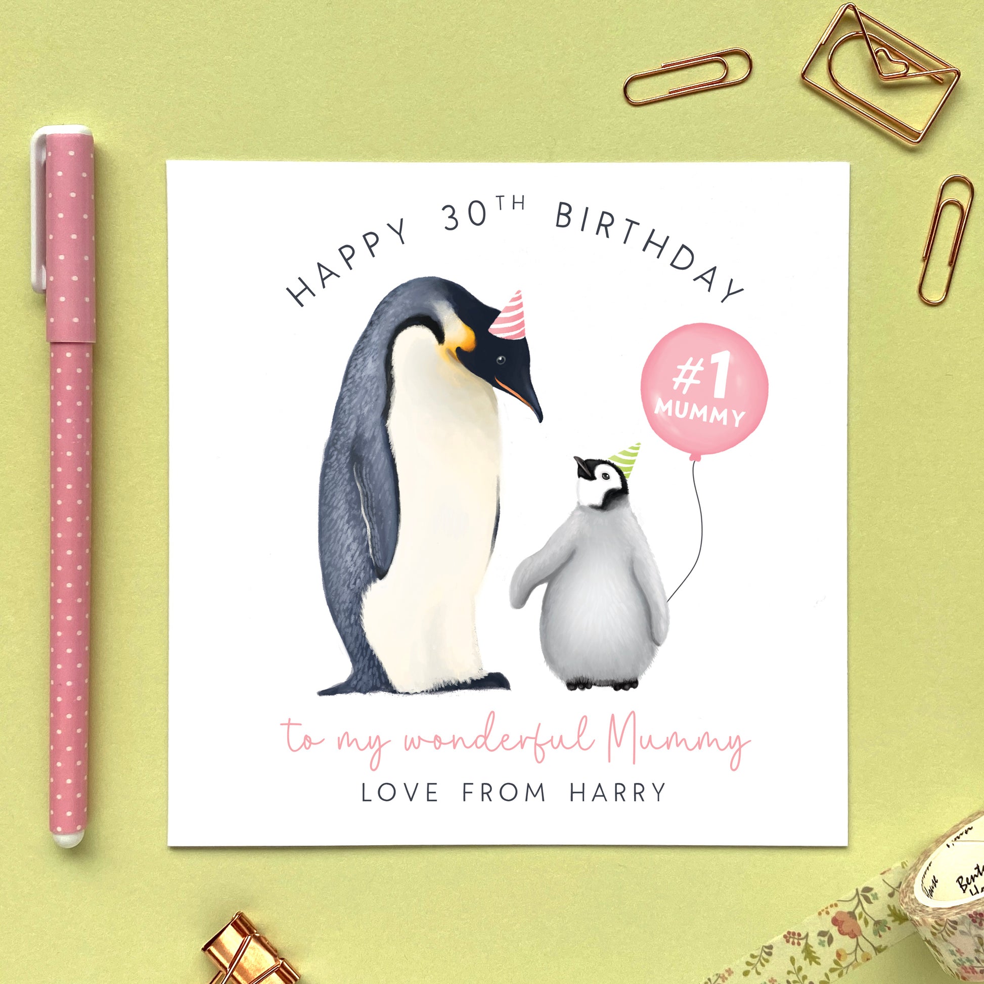 personalised penguin birthday card for mum - from daughter, son - mummy, mommy, mam - cute, #1 mummy, 30th birthday card for my wonderful mummy, love from son's name, daughter's name