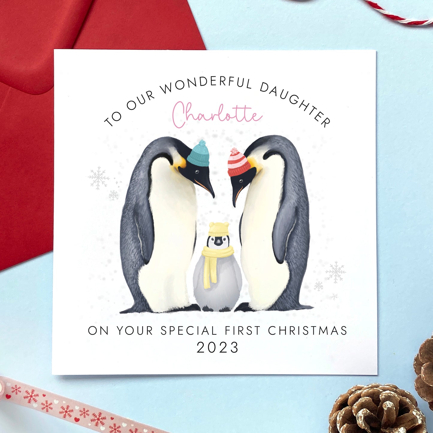 Personalised Penguin First Christmas Card for Daughter | Granddaughter, Girl, Niece, Goddaughter, Great Granddaughter | 1st Xmas Card