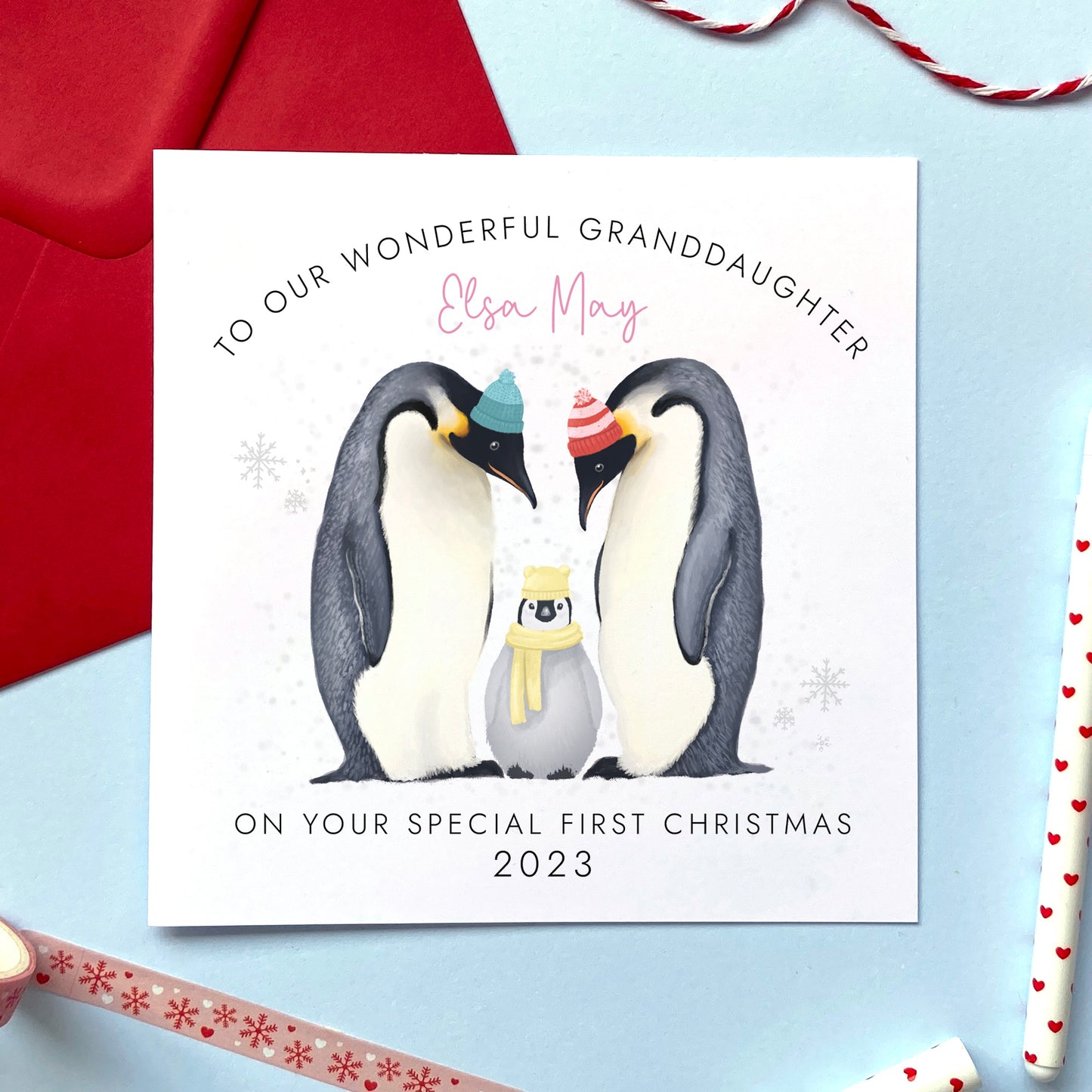 Personalised Penguin First Christmas Card for Granddaughter | Daughter, Girl, Niece, Goddaughter, Great Granddaughter | 1st Xmas Card