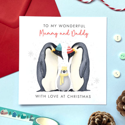 Personalised Penguins Christmas Card for Parents | Mummy and Daddy, Mum and Dad, Mom, Mama, Dada, Grandparents, From Baby, Son, Daughter