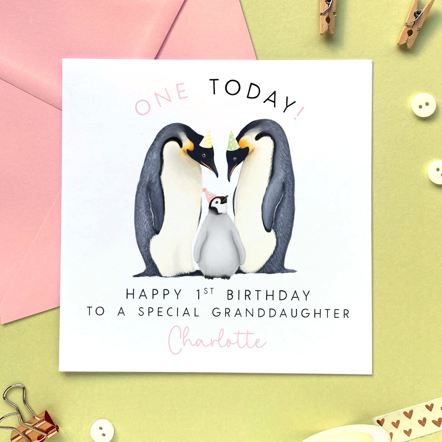 personalised penguin 1st birthday card for girl - for daughter, granddaughter, niece, from mum and dad, parents - first birthday card - pink