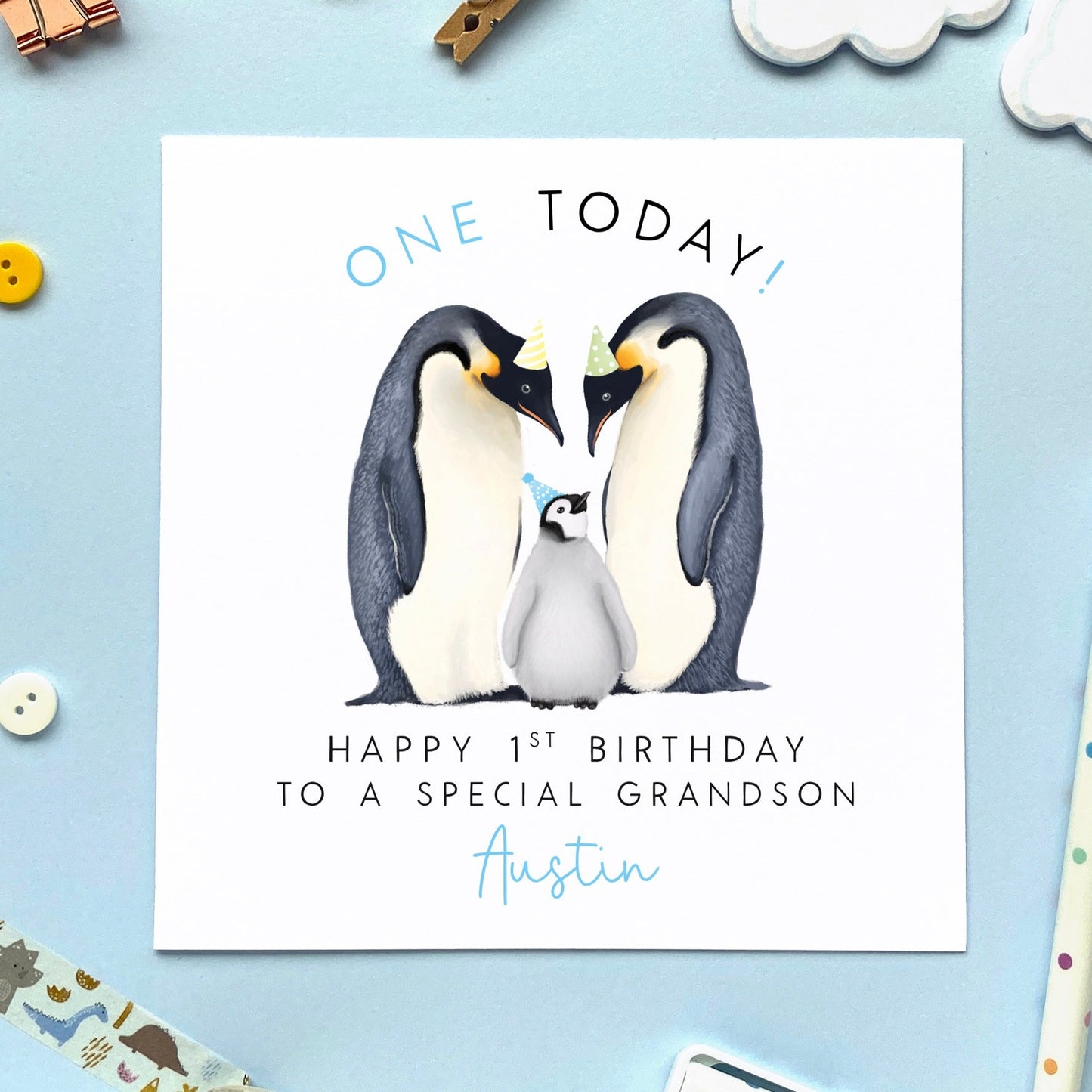 personalised penguin 1st birthday card for boy - for son, grandson, nephew, from mum and dad, parents - first birthday card - blue