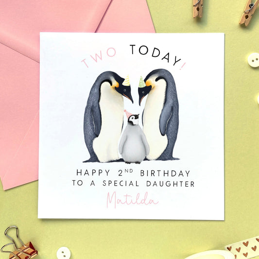 personalised penguin 2nd birthday card for girl - for daughter, granddaughter, niece, from mum and dad, parents - second birthday card - pink