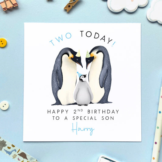 personalised penguin 2nd birthday card for boy - for son, grandson, nephew, from mum and dad, parents - second birthday card - blue