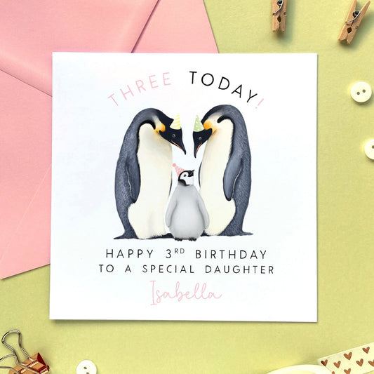 personalised penguin 3rd birthday card for girl - for daughter, granddaughter, niece, from mum and dad, parents - third birthday card - pink, 3rd birthday card for daughter, niece, great niece