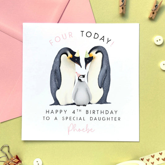 personalised penguin 4th birthday card for girl - for daughter, granddaughter, niece, from mum and dad, parents - fourth birthday card - pink