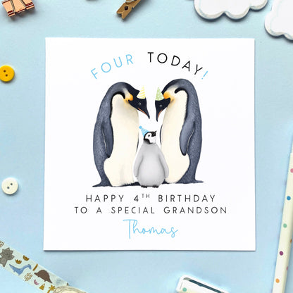 personalised penguin 4th birthday card for boy - for son, grandson, nephew, from mum and dad, parents - fourth birthday card - blue