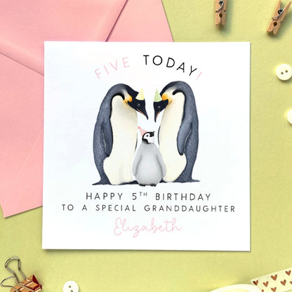 personalised penguin 5th birthday card for girl - for daughter, granddaughter, niece, from mum and dad, parents - fifth birthday card - pink