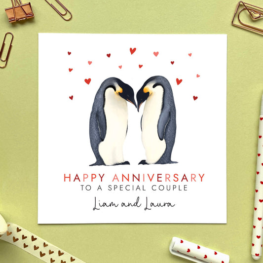 personalised penguin anniversary card for couple - to a special couple, parents, mum and dad, daughter and husband, son and wife, partner, boyfriend, girlfriend, fiance, fiancee