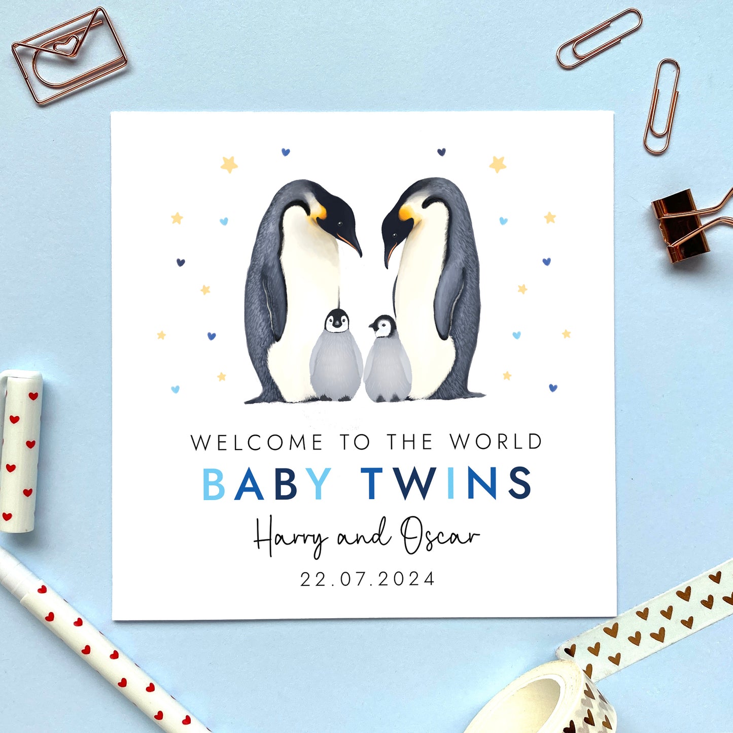 Personalised Penguins New Baby Boys Twins Card