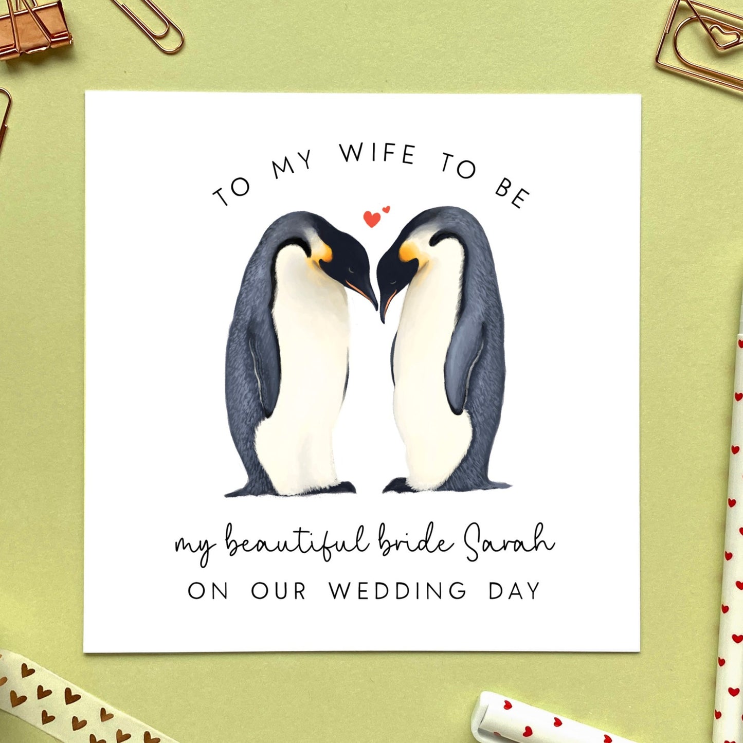 personalised penguins on our wedding day card - for wife to be, my beautiful bride, fiancee, partner, wedding day card, from groom, romantic, cute