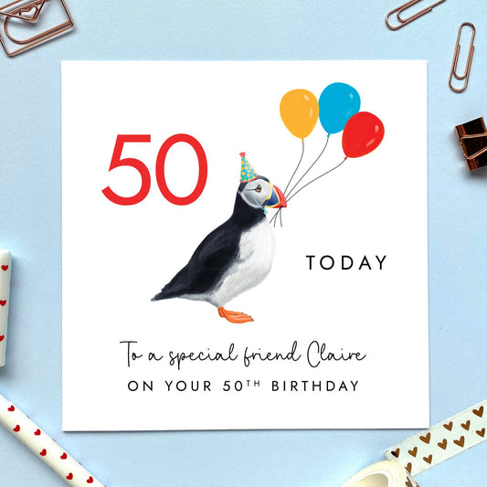 personalised puffin birthday card - for him, her, man, lady, boy, girl, son, grandson, daughter, granddaughter, mum, dad, grandma, grandad, granny, grandpa, any age, 30th 40th 50th 60th 70th 80th, birthday card for friend, 50th birthday card