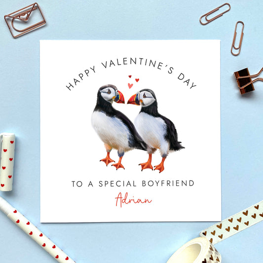 A personalised valentine's day card featuring a pair of puffins.