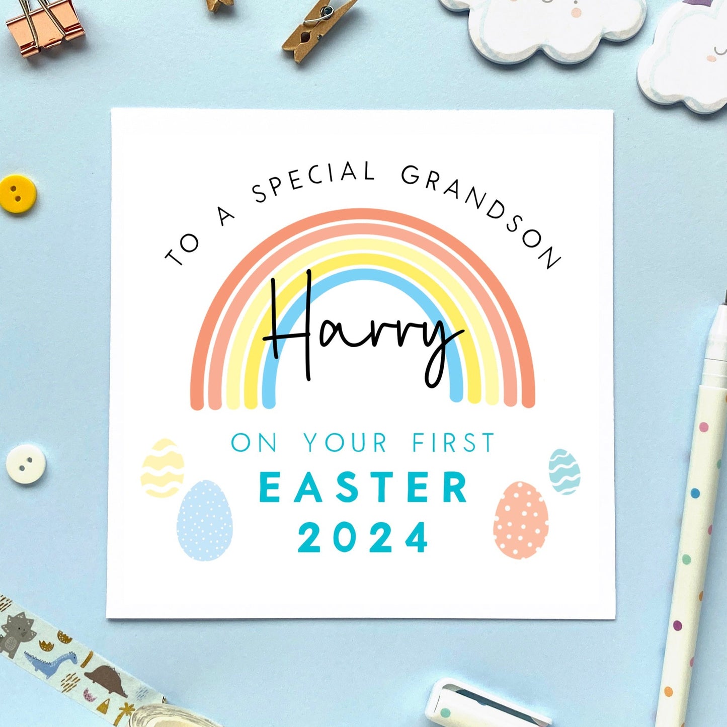 personalised rainbow first easter card for boy - baby's first easter card, 1st easter card for boy, easter card for son, grandson, nephew, brother, cousin, children, child, baby, godson, boys, little boy