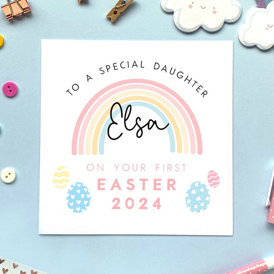 personalised rainbow first easter card for girl -baby's first easter card, 1st easter card for girl, easter card for  daughter, granddaughter, niece, sister, cousin, children, child, baby, goddaughter, girls, little girl