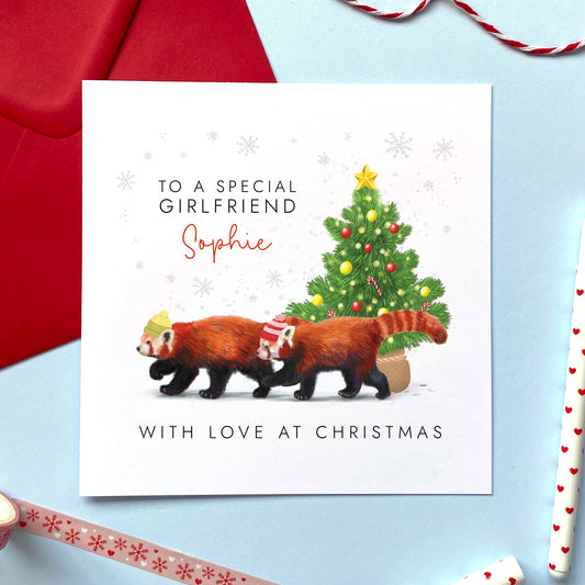 Personalised Red Pandas Christmas Card for Girlfriend