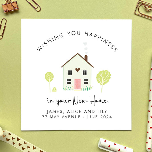 A personalised New Home card featuring the text 'Wishing you happiness in your New Home'. It can be customised with their names, address and moving date.