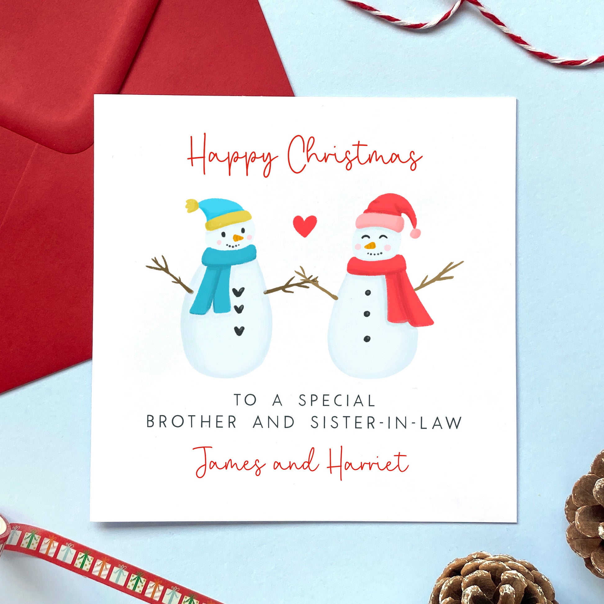 A personalised snowmen couple Christmas card for Brother and Sister-in-Law.