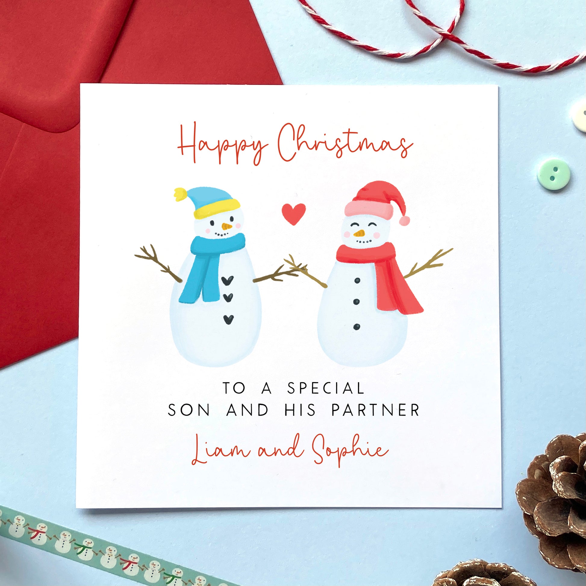 A personalised snowman couple Christmas card for Son and his partner.