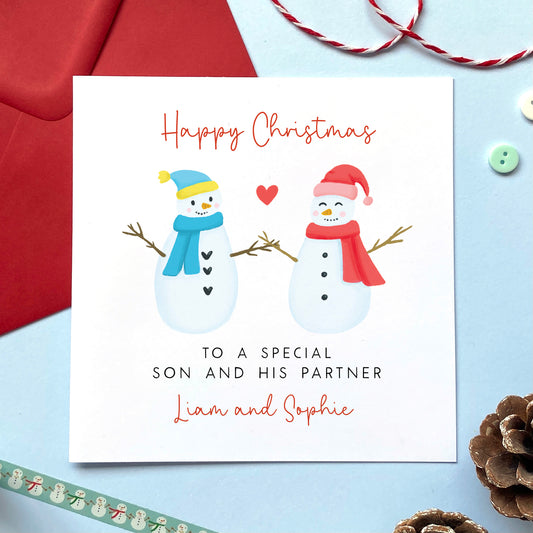 A personalised snowman couple Christmas card for Son and his partner.