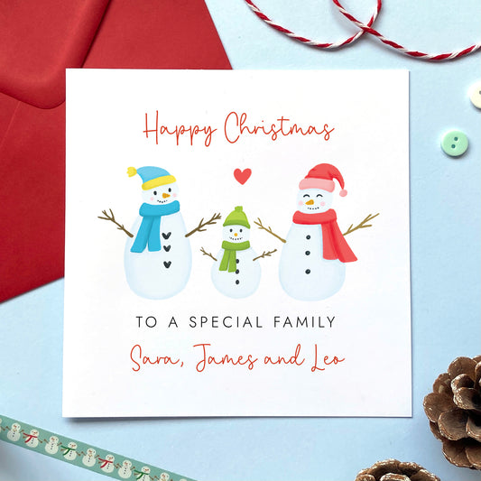 A personalised Christmas card for Family featuring three snowmen - two adults and one child. It can be personalised with their names.