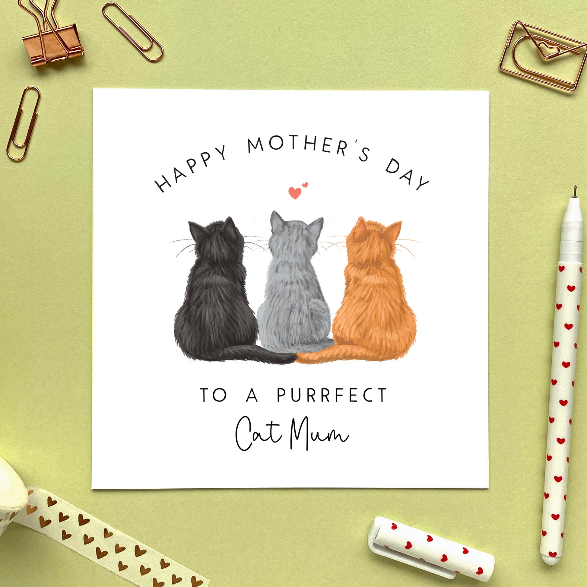 personalised mothers day card for cat mum - cat mom, cat mother, cat mummy, cat mommy - card with three cats - white, siamese, tabby, tuxedo, black, white, tortoiseshell, ginger, calico - from the cats mothers day card - two cats mothers day card - cat mother's day card