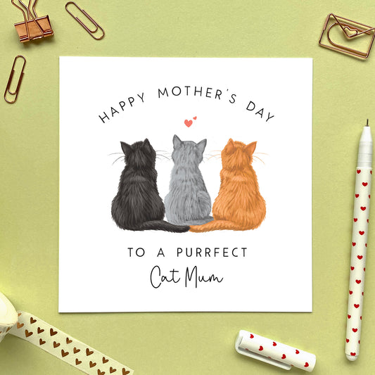 personalised mothers day card for cat mum - cat mom, cat mother, cat mummy, cat mommy - card with three cats - white, siamese, tabby, tuxedo, black, white, tortoiseshell, ginger, calico - from the cats mothers day card - two cats mothers day card - cat mother's day card