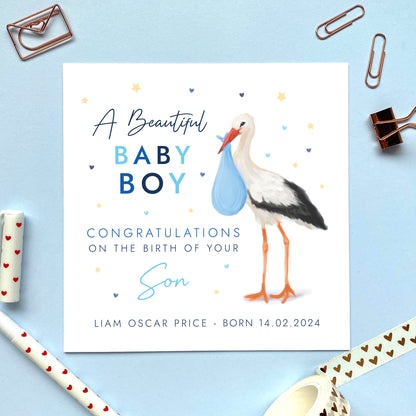 Personalised Stork New Baby Boy Card