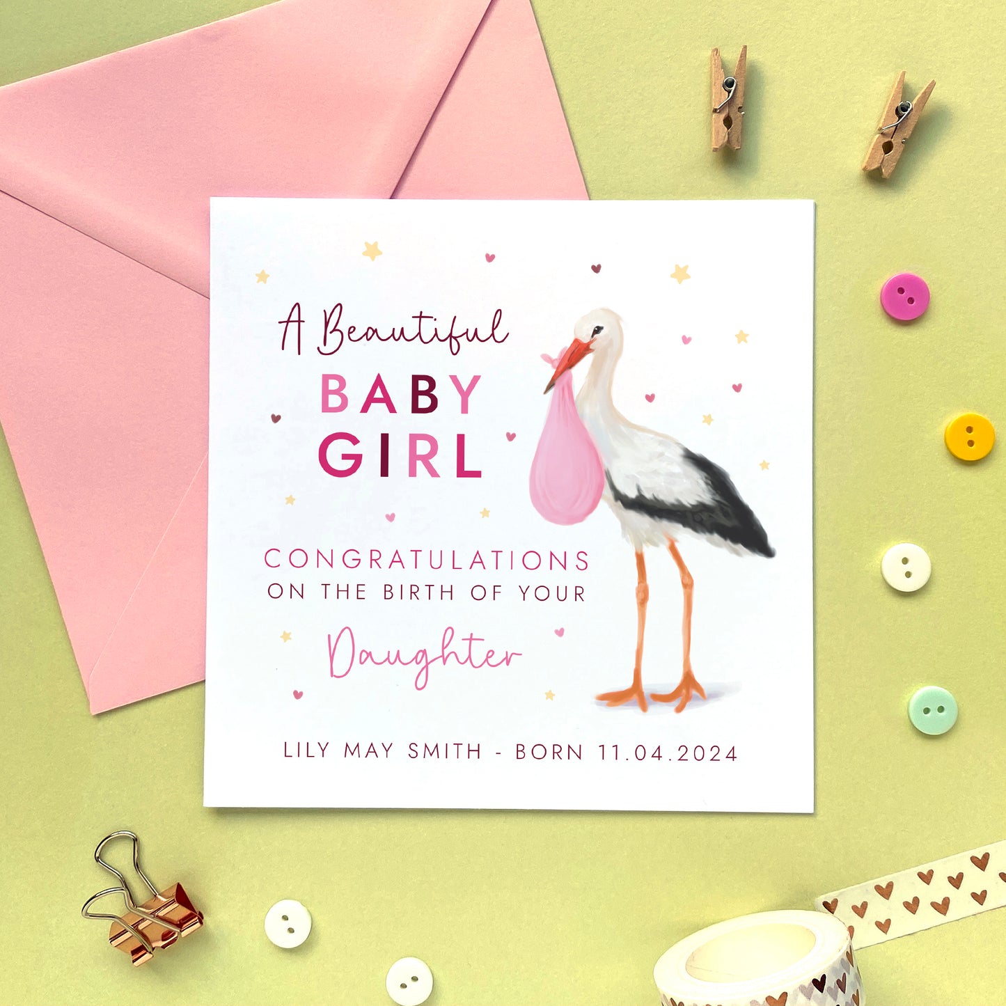 Personalised Stork New Baby Girl Card