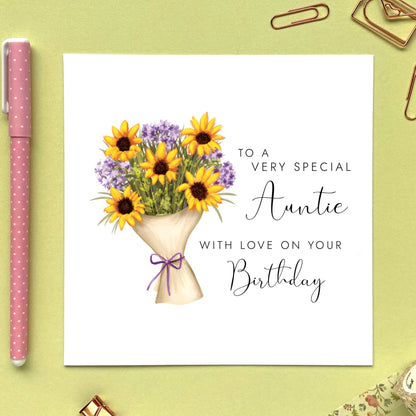 A pretty birthday card for Auntie featuring a colourful floral bouquet of sunflowers. Ideal for any Auntie including Aunt, Aunty and Great Auntie. It can be personalised with a name and age, including 50th, 60th 70th, 80th and 90th birthdays.