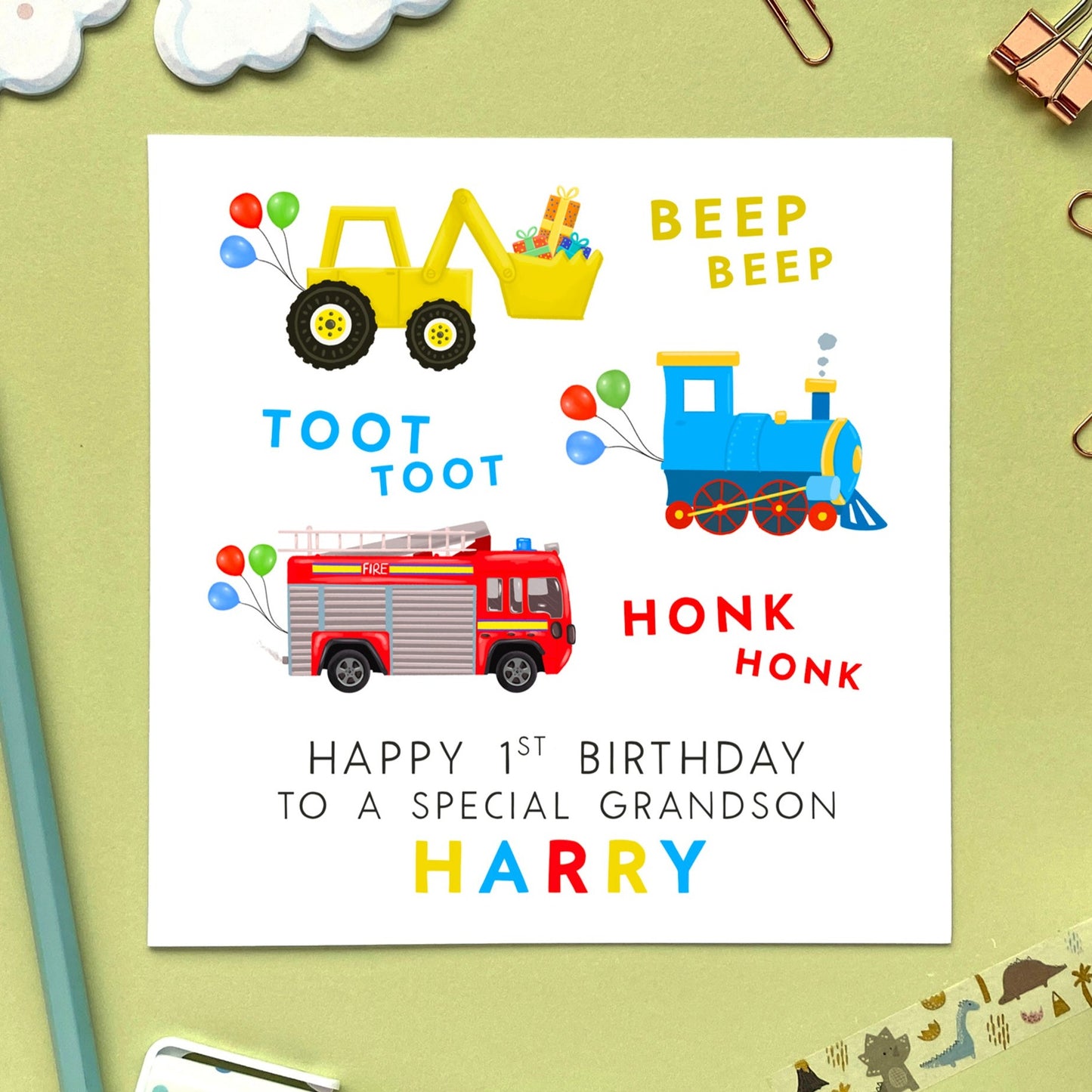 personalised 1st birthday card for boy - grandson, son, nephew, little boy, godson, cousin, brother - fire engine, digger, train, transportation, cars, vehicles, children, boys, first birthday card