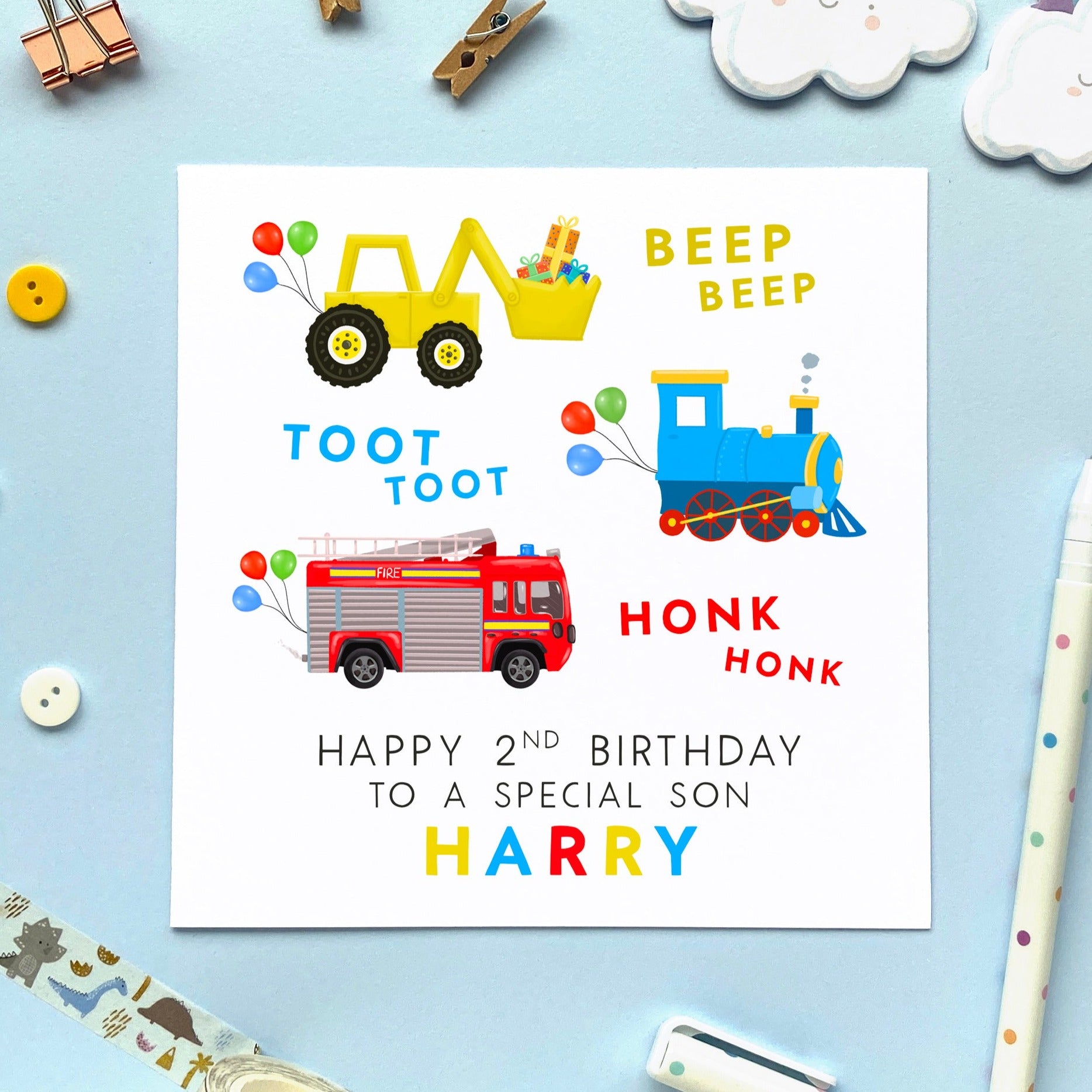 personalised 2nd birthday card for boy - grandson, son, nephew, little boy, godson, cousin, brother - fire engine, digger, train, transportation, cars, vehicles, children, boys, second birthday card