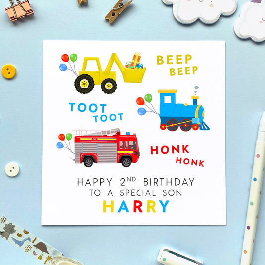 personalised 2nd birthday card for boy - grandson, son, nephew, little boy, godson, cousin, brother - fire engine, digger, train, transportation, cars, vehicles, children, boys, second birthday card