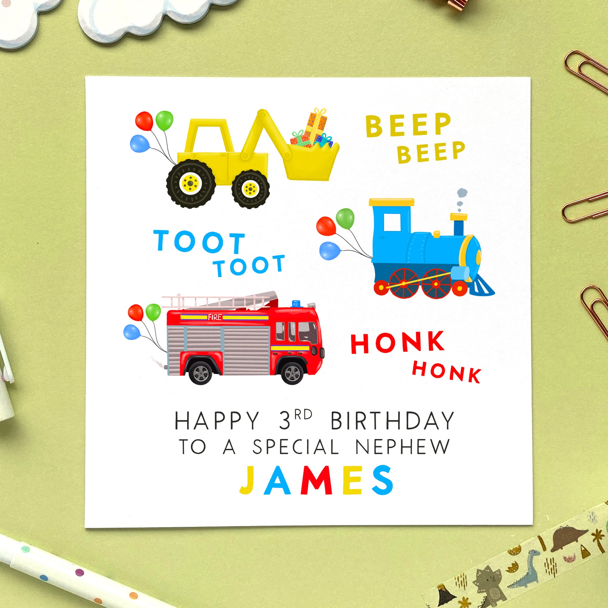 personalised 3rd birthday card for boy - grandson, son, nephew, little boy, godson, cousin, brother - fire engine, digger, train, transportation, cars, vehicles, children, boys, third birthday card