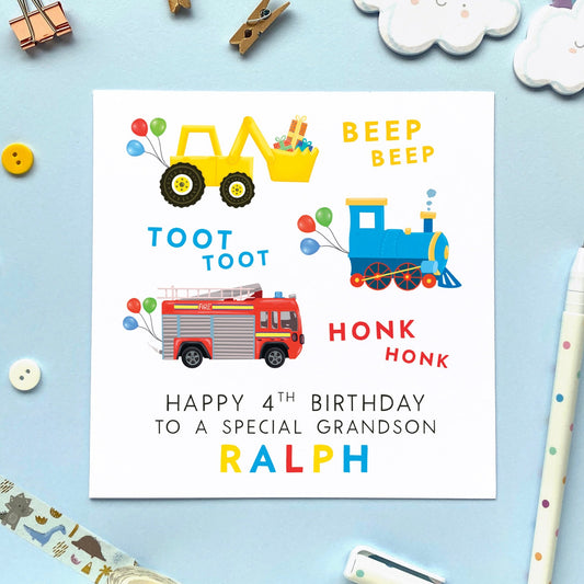 personalised 4th birthday card for boy - grandson, son, nephew, little boy, godson, cousin, brother - fire engine, digger, train, transportation, cars, vehicles, children, boys, fourth birthday card