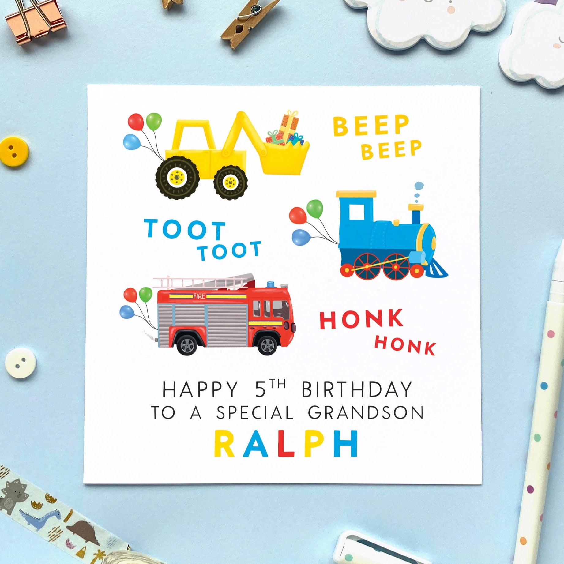 personalised 5th birthday card for boy - grandson, son, nephew, little boy, godson, cousin, brother - fire engine, digger, train, transportation, cars, vehicles, children, boys, fifth birthday card