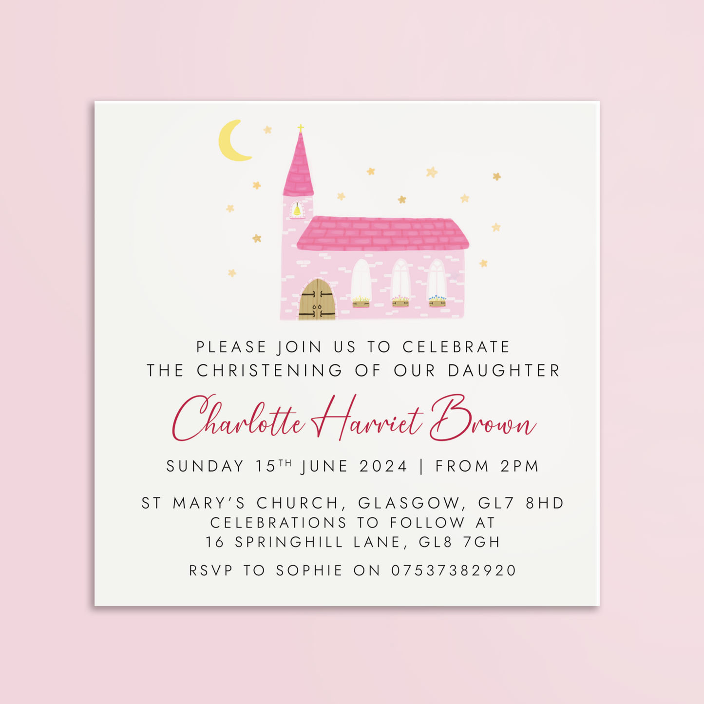 personalised christening invites for girl - little girl's christening, daughter's, daughter, pink church, printed invites with envelopes, baptism invitation