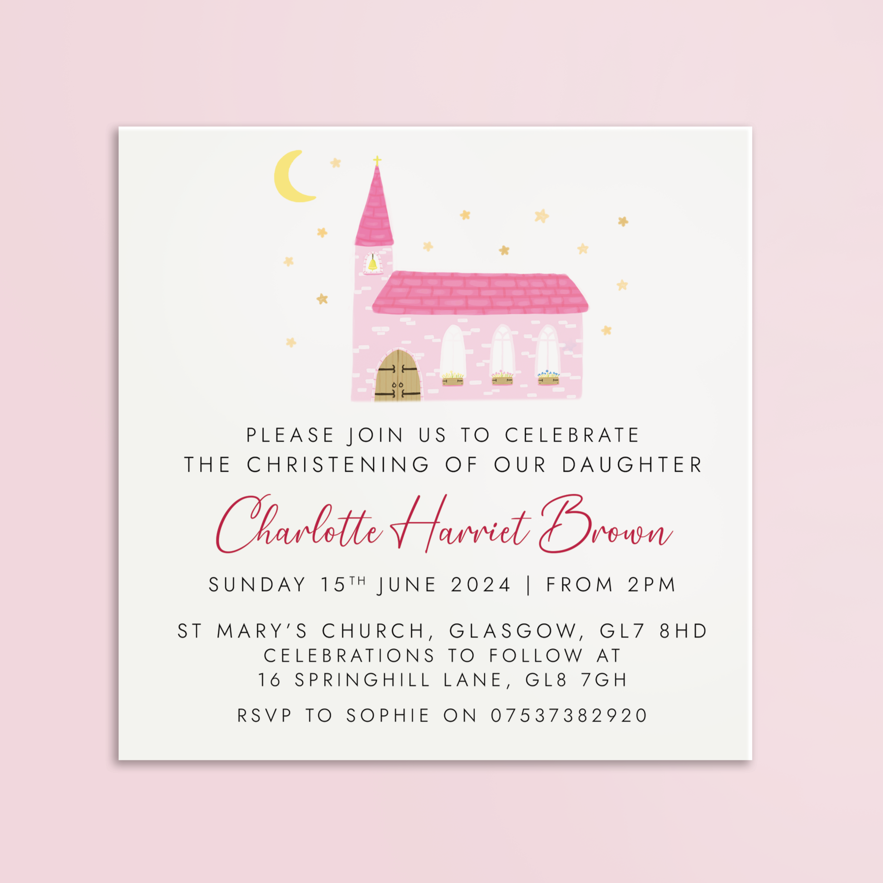 personalised christening invites for girl - little girl's christening, daughter's, daughter, pink church, printed invites with envelopes, baptism invitation