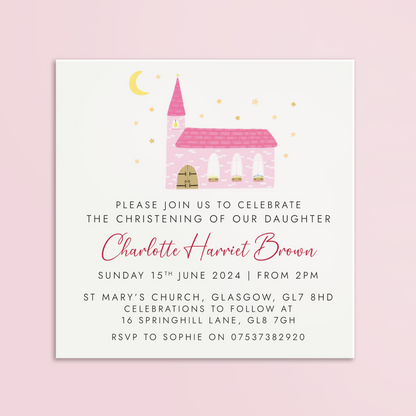 personalised christening invites for girl - little girl's christening, daughter's, daughter, pink church, printed invites with envelopes, baptism invitation