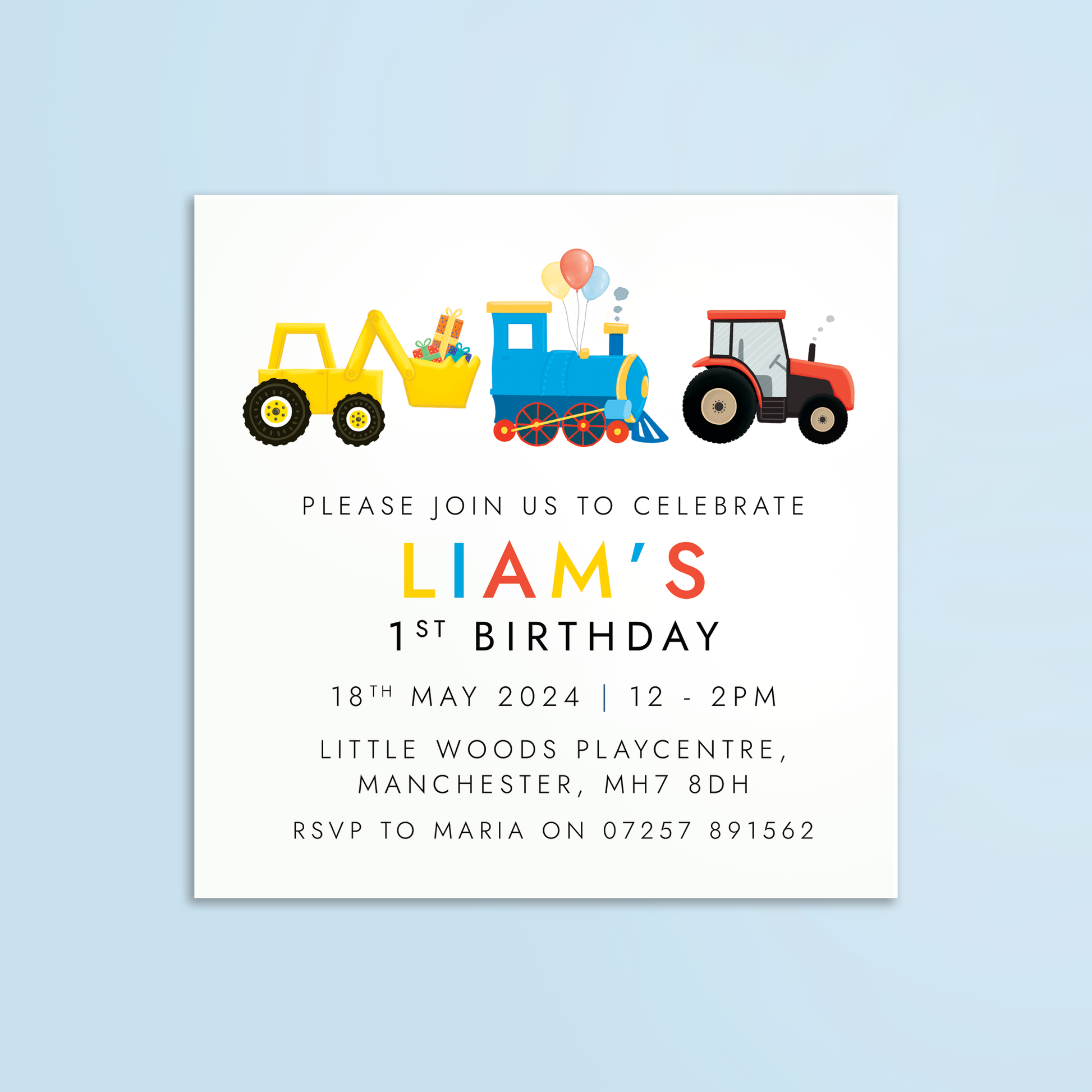 personalised transportation themed birthday party invitations - invites for little boy's party, digger, tractor, train, 1st 2nd 3rd 4th 5th 6th 7th 8th 9th 10th