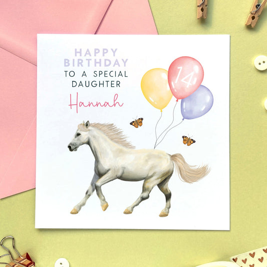 personalised horse birthday card for girl - her, teenager, daughter, granddaughter, niece, female, girls, children, baby, child, goddaughter, sister, cousin - 10th 11th 12th 13th 14th 15th 16th 17th 18th 19th 20th 21st - pink, pastel, cute, horses