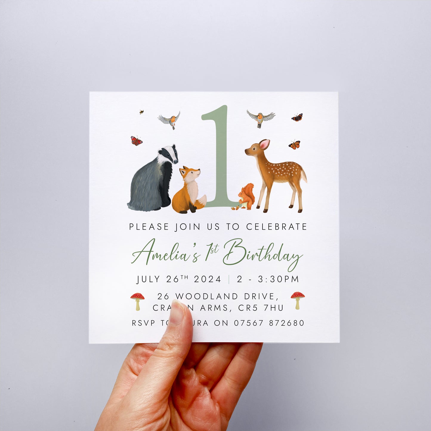 personalised woodland animals birthday party invitations - invites for children's birthday, little boy, little girl, baby - cute, forest, british animals, fox, deer, garden, creatures - unique, special, handmade - printed invitations with envelopes - child's first birthday party invites, second, third, fourth, fifth, 1st 2nd 3rd 4th 5th 6th 7th 8th 9th 10th