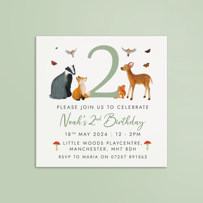 personalised woodland animals birthday party invitations - invites for children's birthday, little boy, little girl, baby - cute, forest, british animals, fox, deer, garden, creatures - unique, special, handmade - printed invitations with envelopes - child's first birthday party invites, second, third, fourth, fifth, 1st 2nd 3rd 4th 5th 6th 7th 8th 9th 10th