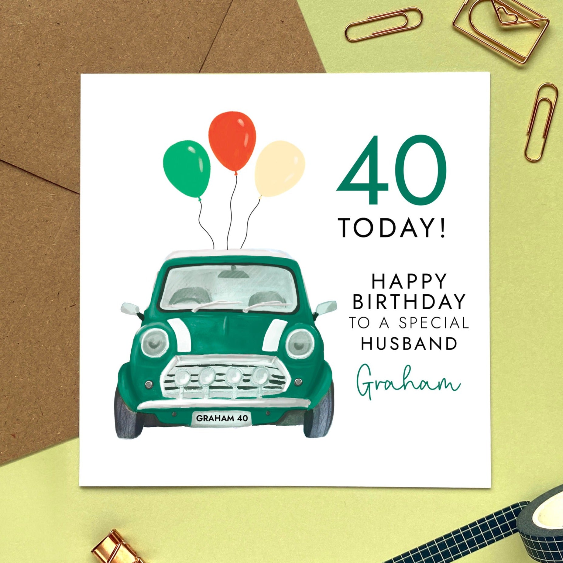 personalised green mini birthday card - for him, grandad, grandpa, uncle, brother, dad, brother in law, son in law, grandson, male friend, man, men - birthday card for husband - 40th birthday card, 50th birthday card, 60th birthday card, 70th birthday card, 30th, 80th, 90th - classic british racing green mini card