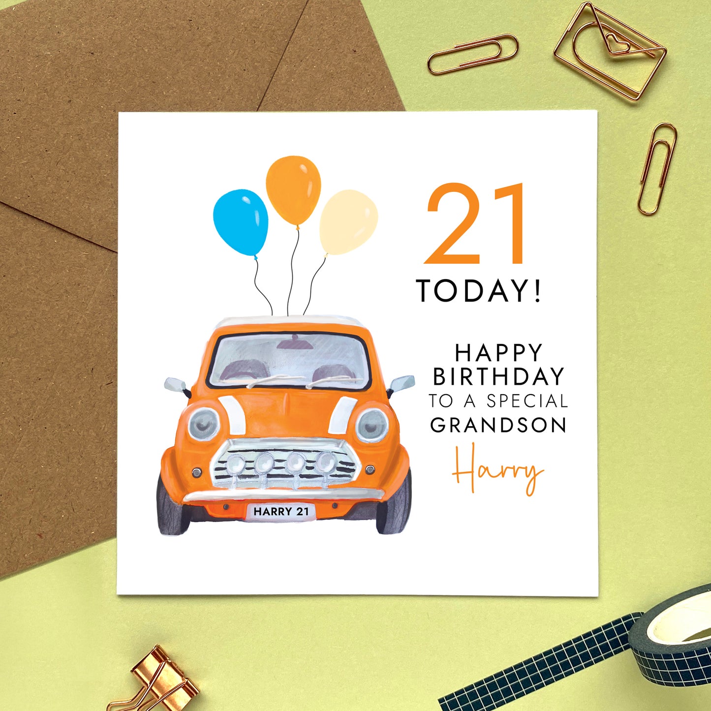 personalised orange car birthday card for him - son, grandson, nephew, cousin, brother, teenager, teenage boy, godson - 16th birthday card, 18th birthday card, 21st birthday card, 30th, 40th, 50th, man, male friend, men